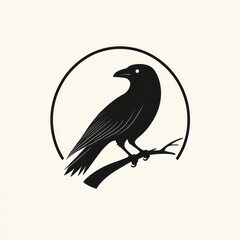 Fototapeta premium Silhouette of a crow perched on a branch, within a circle