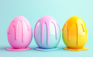 A row of colorful Easter eggs with glossy pastel paint drips is displayed against a bright pink background, creating a festive and playful scene.