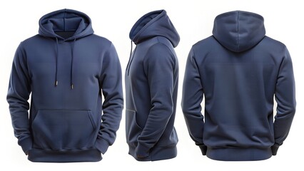 Plain Navy Blue Hoodie Both View on White Background