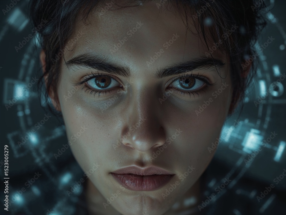 Poster closeup macro view of a focused individual in a medical setting with digital overlays