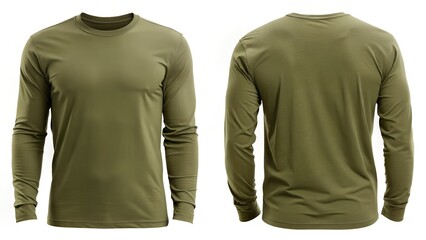 Solid Olive Green Full Sleeve T Shirt Both View on White Background