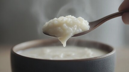 A close-up view of a spoonful of creamy rice porridge being lifted from a bowl, with droplets of steam rising, evoking warmth and comfort in every bite.