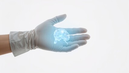 Medical hand holding translucent model of human brain in high resolution for educational purposes