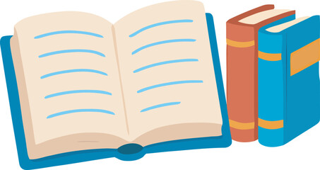 Open Book and Stack of Books Illustration of Reading and Knowledge