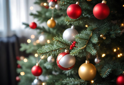 Christmas Tree Decorated With Red Ornaments And Lights