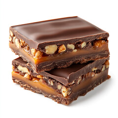 Close up stacked chocolate caramel pecan candy bars on white background featuring sweet dessert treats