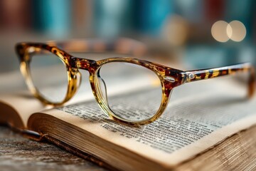 Close-up of eyeglasses resting on an open book in soft lighting