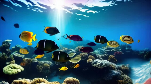 Underwater scene featuring vibrant coral reefs and schools of various colorful tropical fish swimming beneath clear blue ocean water with sunlight.