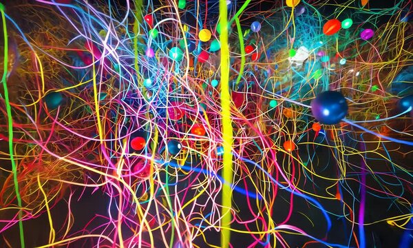 Colorful, interconnected lines and glowing objects.
