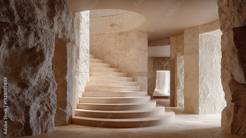 Poster a view of an elegant curved staircase made of stone inside a building with textured walls and doorwa