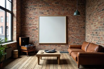 Rustic Loft Interior Design Featuring Exposed Brick Walls, Wooden Flooring, a Leather Sofa, and a Vintage Record Player