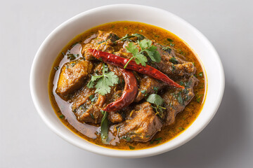 Fototapeta premium Spiced chicken dish with garnishes: A close-up shot of a delicious, richly spiced chicken dish is presented, garnished with chili and fresh herbs, and served in a white bowl.