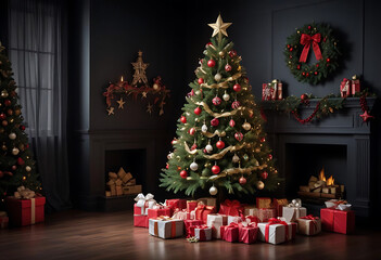 Festive christmas tree surrounded by gifts in a cozy living room scene