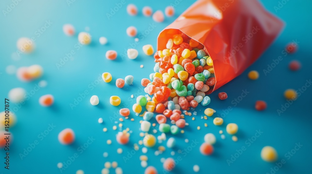 Aufkleber a dynamic image of a handful of assorted candies spilling from a colorful bag onto a bright surface,