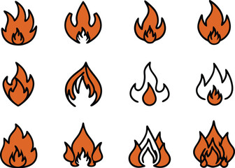 Collection of stylized orange flame icons isolated on a white background for design projects
