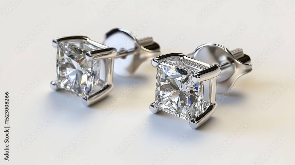 Poster a glamorous pair of diamond ear studs featuring a unique geometric design, positioned on a smooth wh
