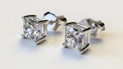 A glamorous pair of diamond ear studs featuring a unique geometric design, positioned on a smooth white backdrop to emphasize their modern aesthetic.