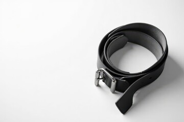 A Rolled Dark Leather Belt with a Simple Metal Buckle on a Plain White Background