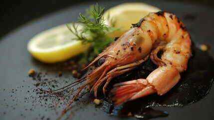 A grilled shrimp dish presented on a slate plate, surrounded by fresh herbs, lemon slices, and spices, highlighting the culinary art of seafood preparation.