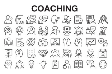 Fototapeta premium Coaching, mentorship, and success icons with symbols for development, achievement, and teamwork in black and white icon set