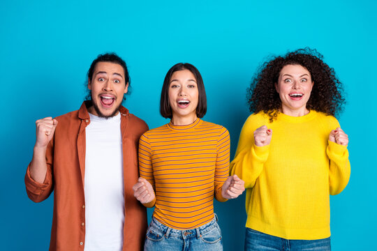 Joyful group of diverse friends celebrating and cheering in a colorful casual style with joyful expressions