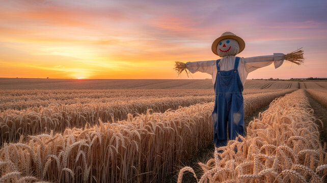 Autumnal scarecrow standing proudly in a golden wheat field during sunset