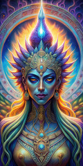 Obraz premium Digital mystical artwork, frontal viewpoint, medium focal length, showing goddess with ornate crown and glowing jewels, vibrant cosmic patterns, symbolizing spiritual energy and wisdom.