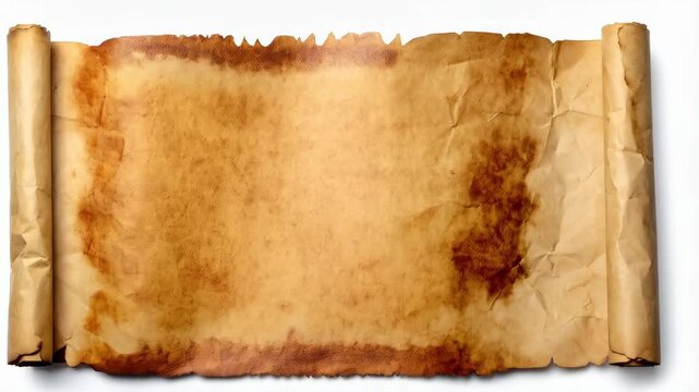 Aged parchment scroll with antique appearance featuring brown staining and curled edges providing vintage document texture background