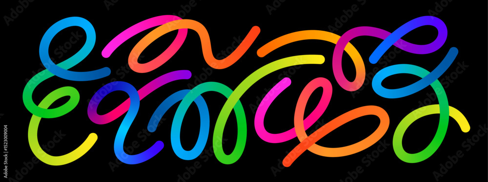 Poster Color Line Gradient Shape. Abstract Pattern with 3D Graphic Elements on Black Background. Vector Wavy and Curved Rainbow Ribbons. A Set of Squiggly Swirl Color Lines