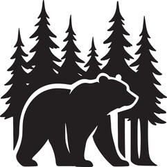 Wild nature illustration: A black bear silhouette in the snowy woods, a powerful symbol of wildlife, with an elephant illustration for scale