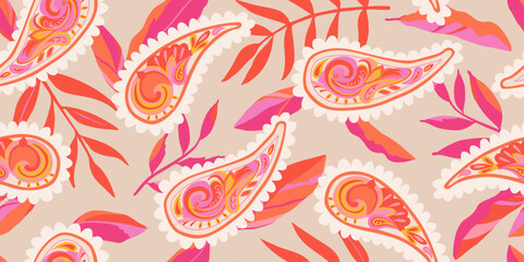 Modern hand drawn paisley with floral pattern. Abstract retro ethnic style. Fashionable vector template for your design. Textile printing, background, wallpaper, home decor. Vector illustration.