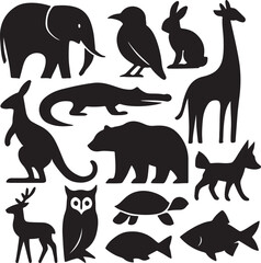 A versatile collection of wild and domestic animal silhouette vectors, including cat, dog, bear, horse, elephant, cow, tiger, and wolf illustrations