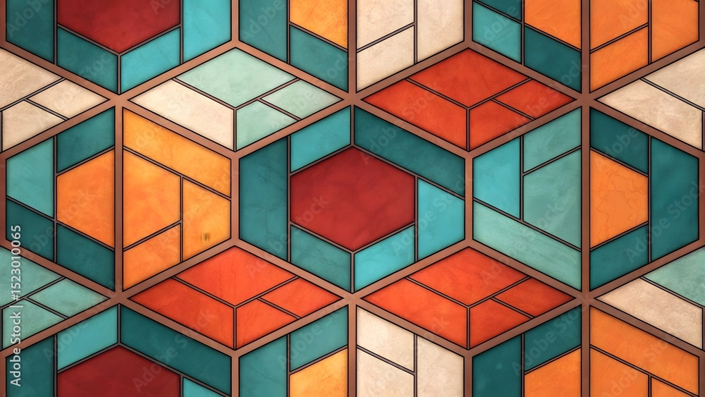 Aufkleber geometric pattern with hexagons and trapezoids in shades of orange teal red and cream color palette