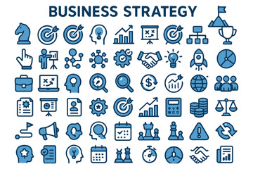 Fototapeta premium Business strategy, planning, and growth icons featuring analytics, success, and leadership in blue outline icon set