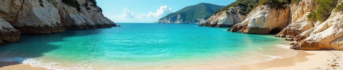 Fototapeta premium Stunning turquoise waters lap the golden sands of a secluded Turkish coastal cove, dramatic cliffs rising in the background Perfect for travel, holiday, and tourism brochures , escape, rocks