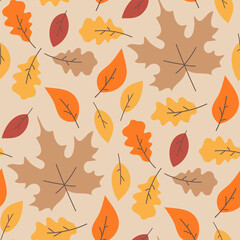 Autumn background with falling leaves, seamless autumn pattern with maple and oak leaves.
