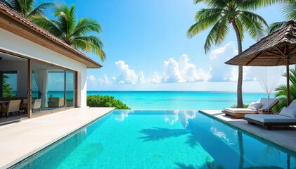 Opulent beachfront villa with infinity pool overlooking a turquoise ocean; ultimate relaxation and lavish escape , luxury travel, sun loungers, resort