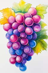 Bunch of colorful grapes hanging from the vine with green leaves