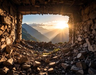 Sunlit mountain view from a ruined building