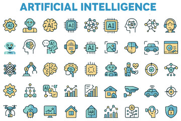 Artificial intelligence, robotics, and machine learning icons with futuristic technology in vibrant colors   icon set