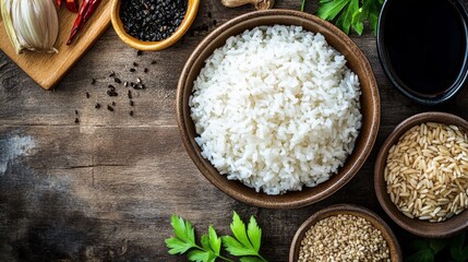 A rustic setting featuring a bowl of hot rice, accompanied by assorted side dishes and a drizzle of soy sauce, all arranged on a wooden surface for a homely feel.