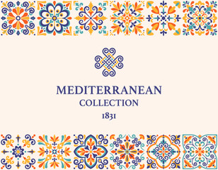 Label, card or banner template with azulejo mosaic tile pattern, blue, turquoise, yellow colors, floral motifs. Mediterranean, Portuguese traditional vintage style. Vector illustration
