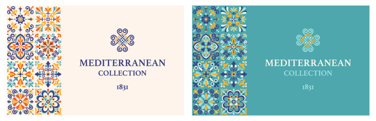 Label, cards or banner template with azulejo mosaic tile pattern, blue, turquoise, yellow colors, floral motifs. Mediterranean, Portuguese traditional vintage style. Vector illustration