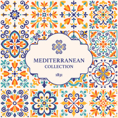 Label or banner template with azulejo mosaic tile pattern, blue, turquoise, yellow colors, floral motifs. Mediterranean, Portuguese traditional vintage style. Vector illustration
