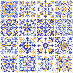 Azulejo tile pattern with floral motifs, pastel colors. Mediterranean, Portuguese traditional vintage ceramic majolica. Arabesque ethnic folk ornament. Vector illustration