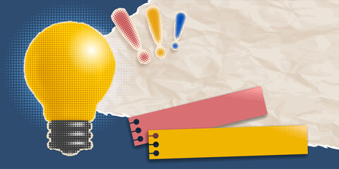 Collage in retro style, advertising banner background with halftone effect. Light bulb, cut from a newspaper or magazine, announcing training info, promotions, offers, new idea. Vector illustration