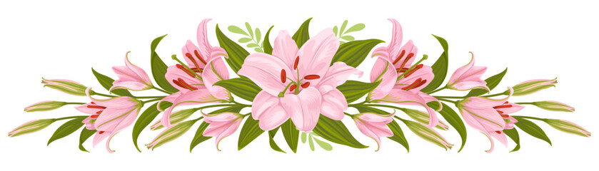 Fototapeta premium Floral decorative design element, vignette with pink lily flowers. Decor, floral composition with daylily, flowers, leaves and buds isolated on a white background. Vector illustration