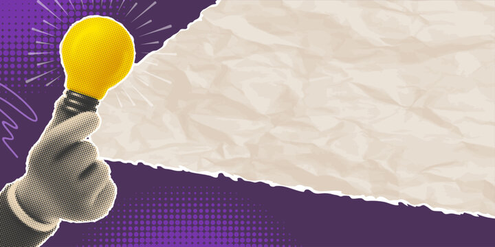 Collage in retro style, advertising banner background with halftone effect. Hand holding Light bulb, cut from a newspaper or magazine, announcing training info, promotions, offers, new idea. Vector
