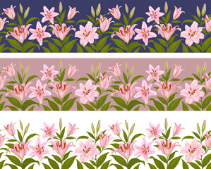 Horizontal seamless border with pattern of pink lily flowers, leaves and buds isolated on a white, pink or blue background. Cute floral botanical decoration. Vector illustration