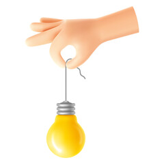 Hand holding yellow light bulb on wire up two fingers. 3d realistic lightbulb hanging on the wire. Concept of great idea, quick tip, brainstorm, new business, startup. Isolated Vector illustration